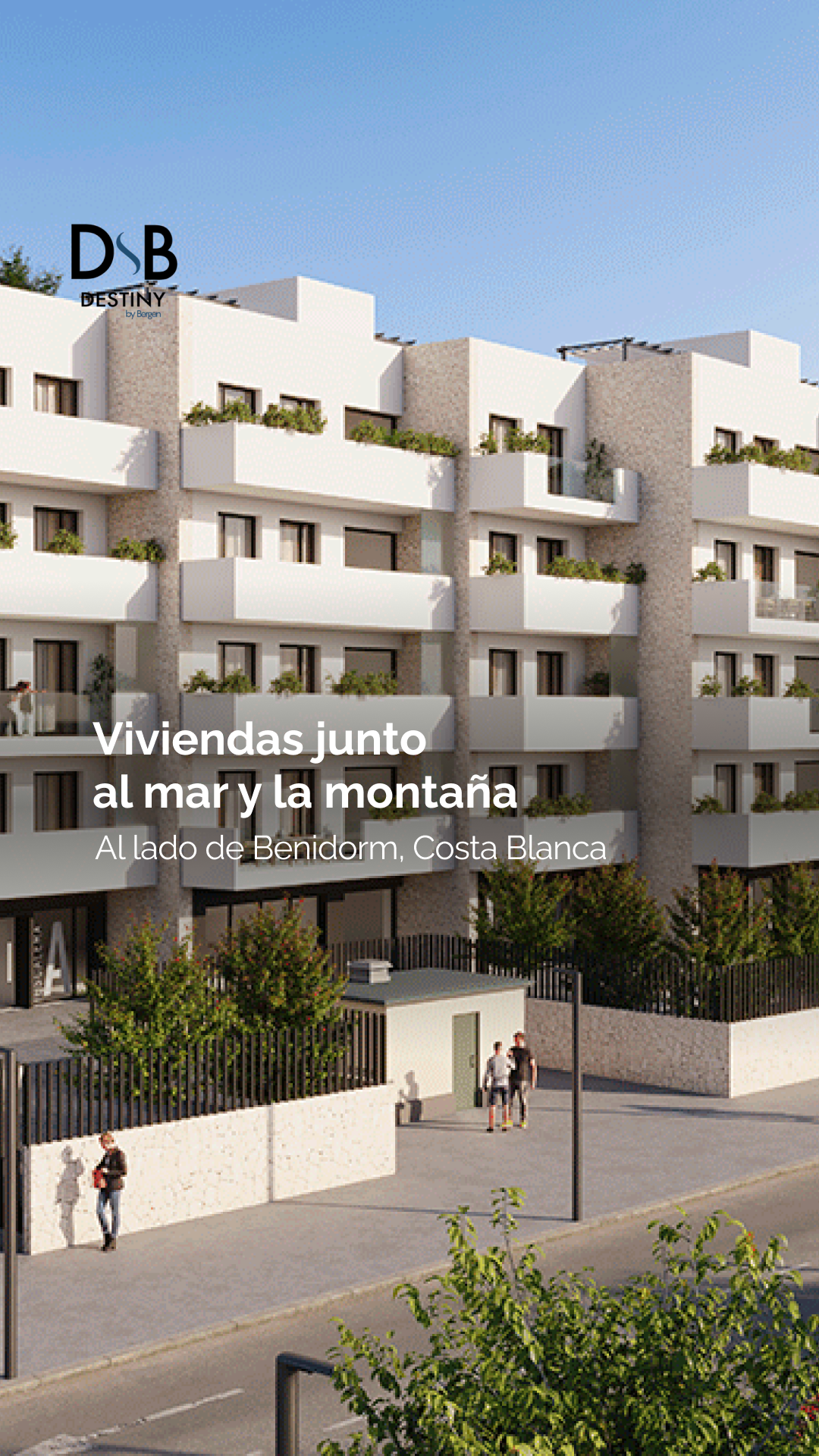Modern white apartment building with multiple balconies and greenery under a blue sky; overlay text promotes homes by the sea and mountains.