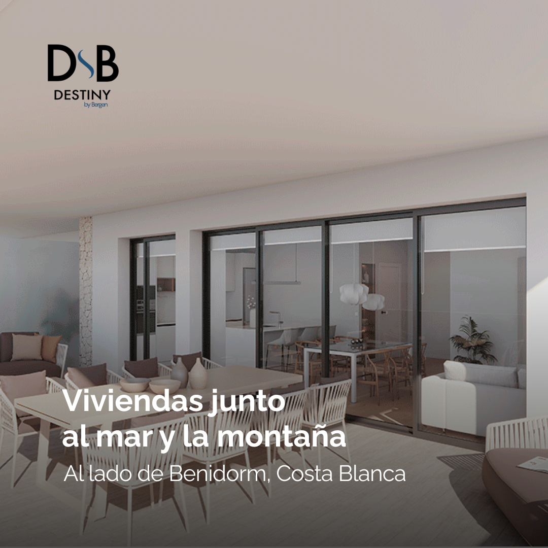 Brand logo 'DSB Destiny by Bergen' on a modern terrace image, showing an outdoor dining area and glass-walled interior of a coastal home.