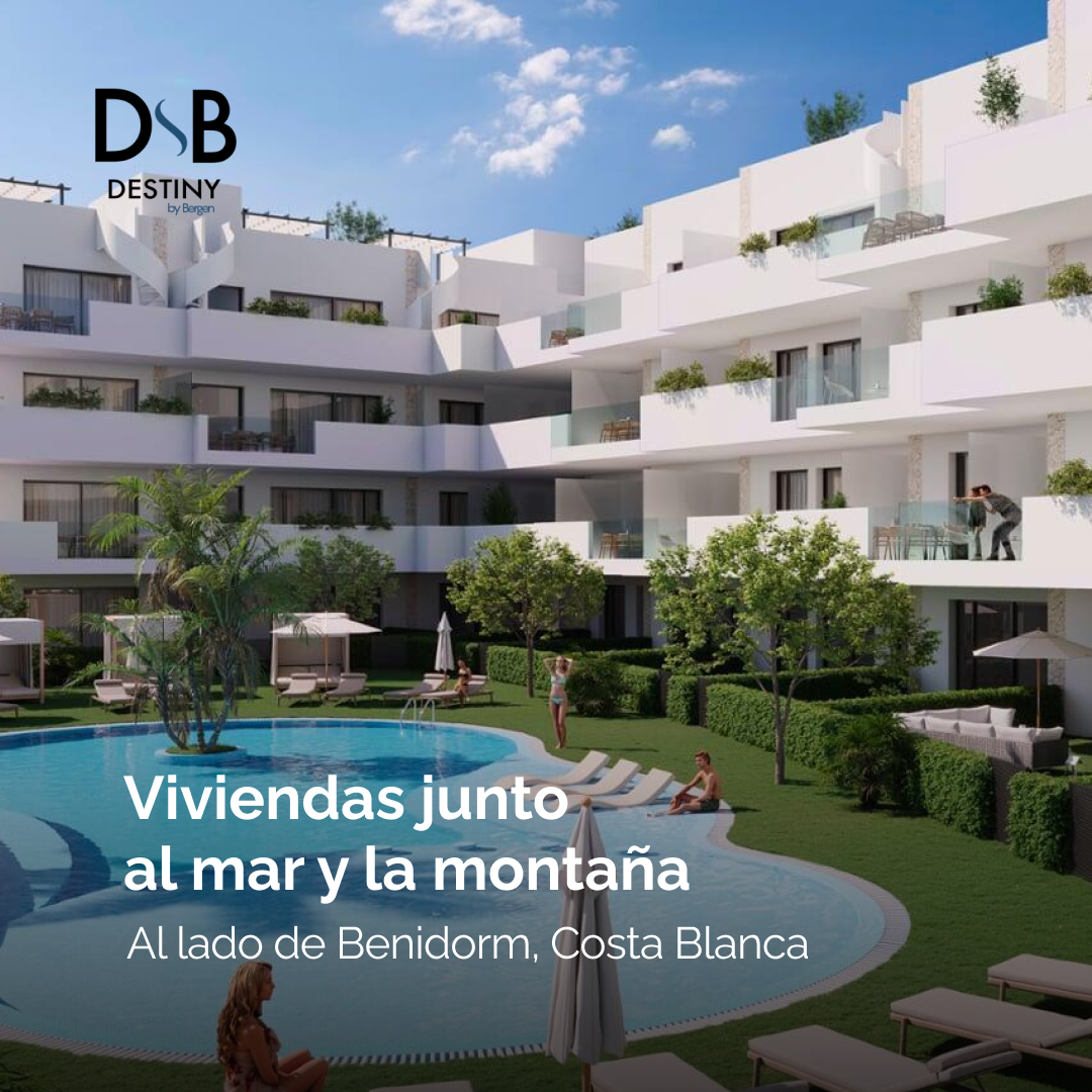 Modern white apartment complex with balconies surrounding a pool and tropical landscaping, promotional text in Spanish about homes by the sea and mountains.