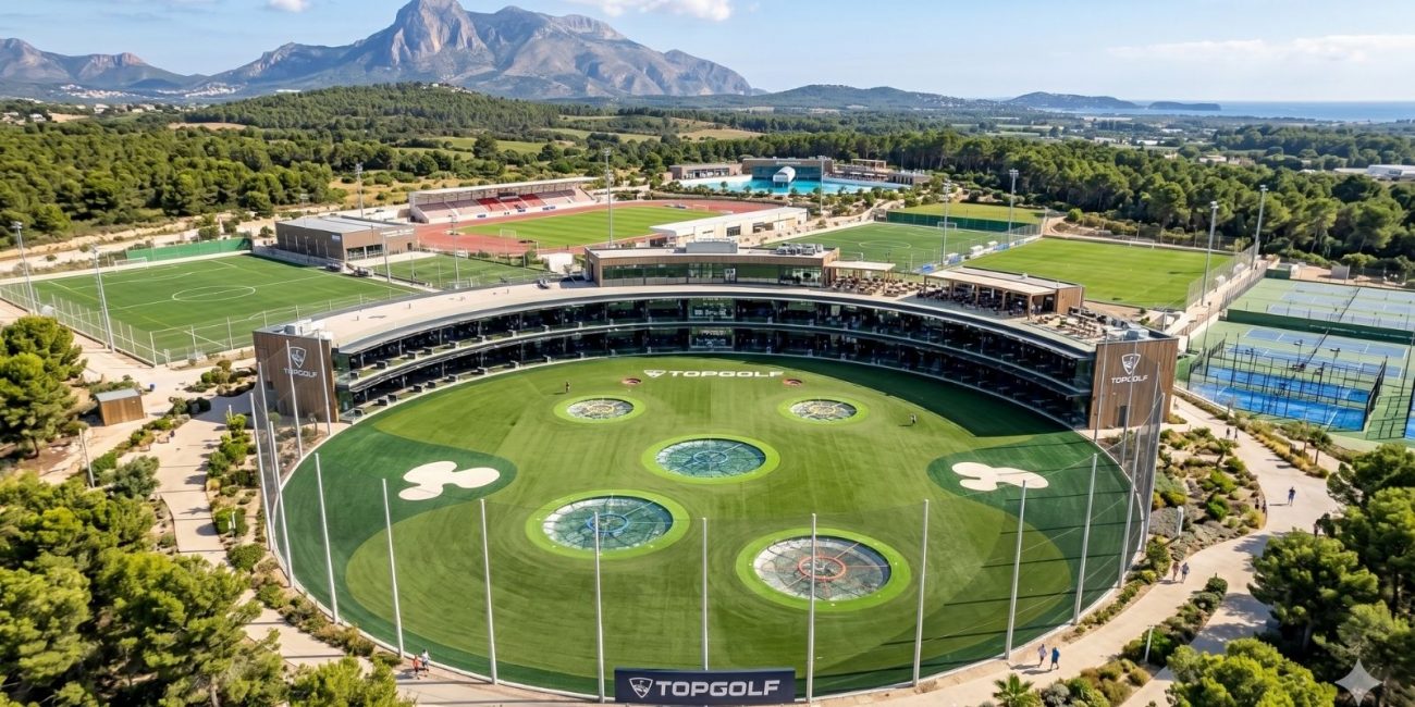 Ciudad de Deporte - Complejo Top Golf. Descubre apartamentos exclusivos en La Nucía a un paso de la Ciudad del Deporte. Disfruta de estilo de vida activo con piscina de olas, academia Ferrer, golf y más.