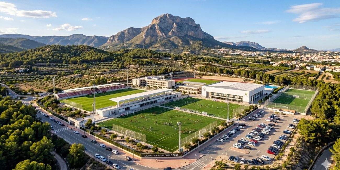 Ciudad de Deporte - Campos de Fútbol. Descubre apartamentos exclusivos en La Nucía a un paso de la Ciudad del Deporte. Disfruta de estilo de vida activo con piscina de olas, academia Ferrer, golf y más.